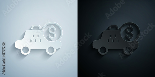 Paper cut Taximeter device icon isolated on grey and black background. Measurement appliance for passenger fare in taxi car. Paper art style. Vector