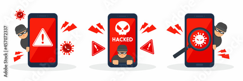 Collection of system error warnings on smartphones. Emergency alert of threat by malware, virus, trojan, ransomware, or hacker. Creative cyber crime concept. Vector flat style icon illustration.