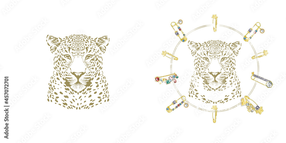 Leopard silhouette vector illustration. Beautiful T shirt design. Jewelry set. A set of brooches. Golden leopard. Luxury design.