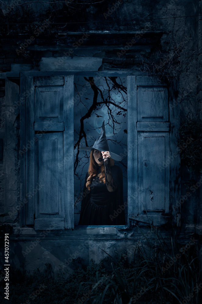 Scary halloween witch standing in old damaged wood window with wall over church, birds, dead tree and spooky cloudy sky, Halloween mystery concept Scary halloween witch standing in old damaged wood window with wall over church, birds, dead tree and spooky cloudy sky, Halloween mystery concept