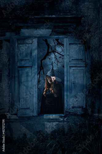 Scary halloween witch standing in old damaged wood window with wall over church, birds, dead tree and spooky cloudy sky, Halloween mystery concept