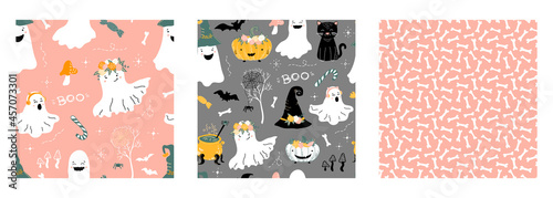 Set of 3 Halloween vector patterns. Cute ghosts, bats and witch's hat, spider web, candy,  pumpkins, bones and mushrooms. October holiday. Baby print