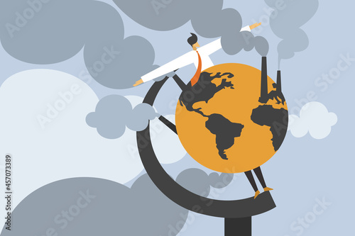 Conceptual illustration of a globe emitting greenhouse gases where a man is standing as its axis