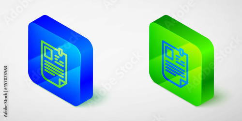 Isometric line Resume icon isolated grey background. CV application. Searching professional staff. Analyzing personnel resume. Blue and green square button. Vector