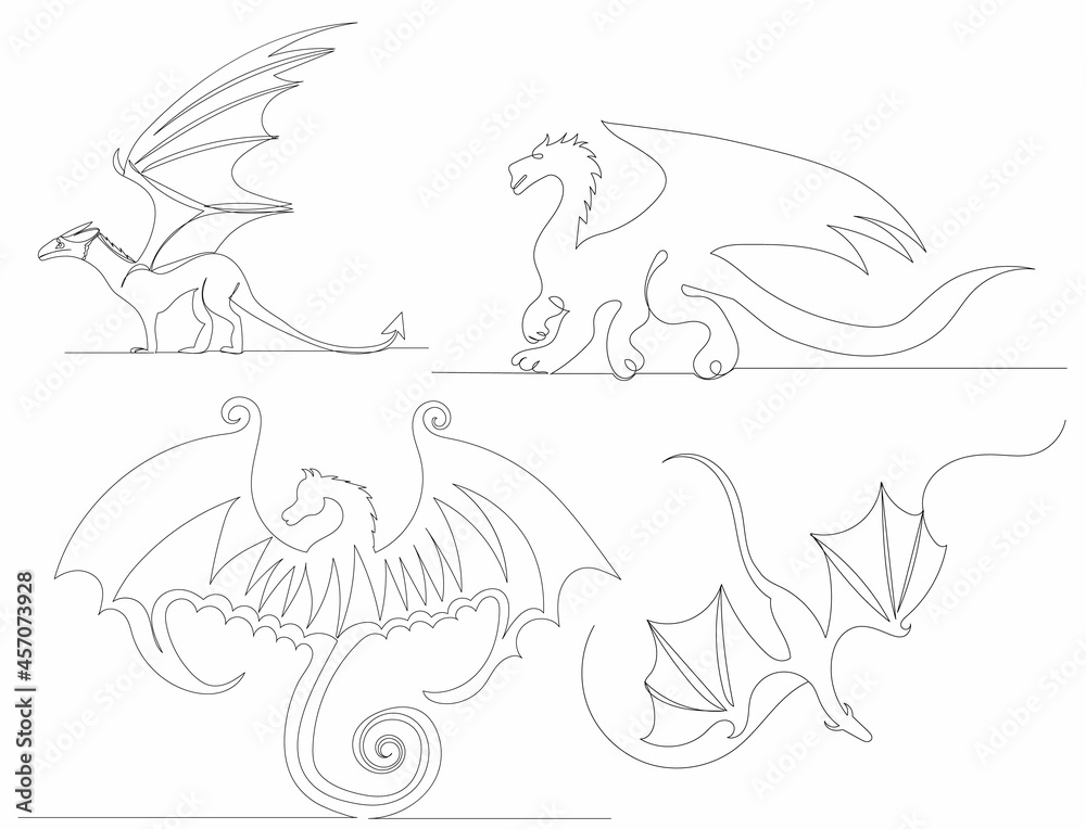 set of dragons drawing by one continuous line, isolated set of dragons drawing by one continuous line, isolated