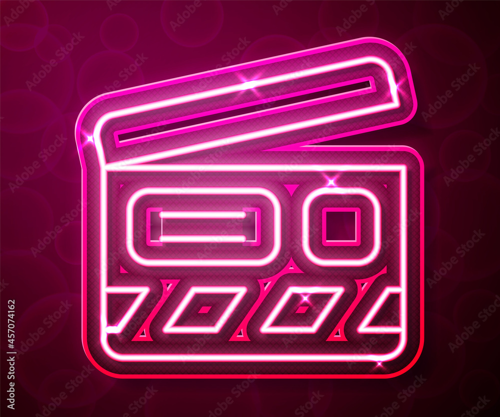 Glowing neon line Movie clapper icon isolated on red background. Film clapper board. Clapperboard sign. Cinema production or media industry. Vector Glowing neon line Movie clapper icon isolated on red background. Film clapper board. Clapperboard sign. Cinema production or media industry. Vector