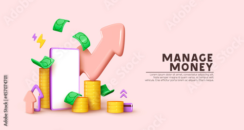 Financial investment trade. Creative concept of market movement. Bank deposit, profit finance Manage money through your mobile phone, applications. Investment Cryptocurrency trend trading. 3D Vector