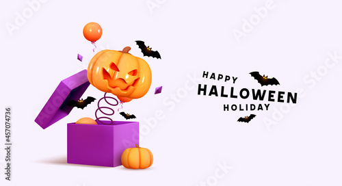 Halloween Holiday Design. Scary pumpkin head jumps out. Open gifts boxes. Realistic 3d pumpkin with scary smiles on his face. Web Banner, Party poster, advertising brochure, flyer. Vector illustration