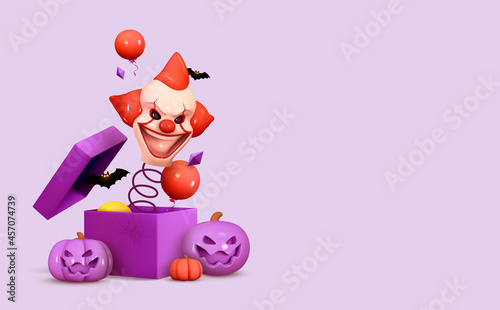 Halloween Holiday Design. Scary clown head jumps out. Open gifts boxes. Realistic 3d pumpkin with scary smiles on his face. Web Banner, Party poster, advertising brochure, flyer. Vector illustration