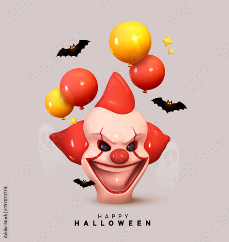 Halloween Holiday Design. Scary clown head angry faces smiles. Helium balloons yellow and red color, black bat. Web Banner, Party poster, advertising brochure, flyer. Realistic 3d Vector illustration