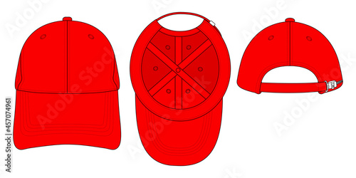 Red Baseball Cap With Adjustable Slide Buckle Plastic Zip Vector.Front, Under and Back View.