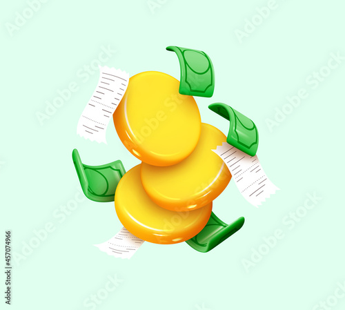 Gold coins with green paper dollars, Cashier's checks. Realistic 3d design in cartoon style. Business financial investment. Creative concept. Trade cash back. Save savings. Vector illustration