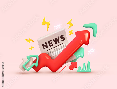 Financial news. Trading stock news impulses. Market movements creative concept charts up, infographics. Realistic 3d design. Growth World economy. Red curve arrow of trend. Vector illustration