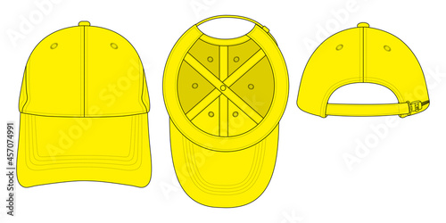 Yellow Baseball Cap With Adjustable Slide Buckle Plastic Zip Vector.Front, Under and Back View.