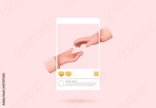 Social media posters template. Realistic 3d design. Pink background. Abstract creative concept. The hand reaches for the hand. Vector illustration