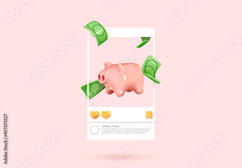 Social media posters template. Realistic 3d design. Pink pig piggy bank with paper green dollars. Abstract creative concept. Vector illustration