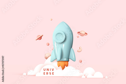 Flying space rocket in space around the planets. Spaceship launch. Rocket 3d icon. Realistic creative conceptual symbols. Logo ship. Launch business product on market. Vector illustration