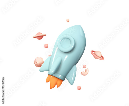 Flying space rocket in space around the planets. Spaceship launch. Rocket 3d icon. Realistic creative conceptual symbols. Logo ship. Launch business product on market. Vector illustration