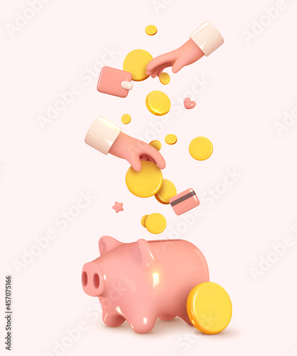 Money Piggy bank creative business concept. Realistic 3d design. Pink pig, Human Hand keeps throws and gold coins. Safe finance investment. Financial services. Vector illustration