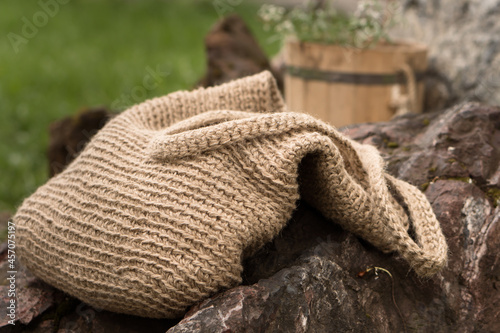 Handmade Eco bag crocheted from jute. Picnik in garden