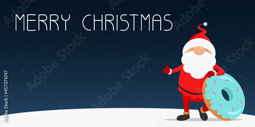 Christmas card. Santa Claus with donut showing thumbs up. Vector illustration.