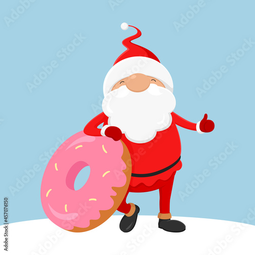 Santa Claus with donut showing thumbs up. Vector illustration.