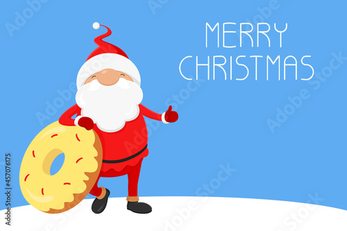 Christmas greeting card. Santa with donut showing thumbs up. Vector illustration.