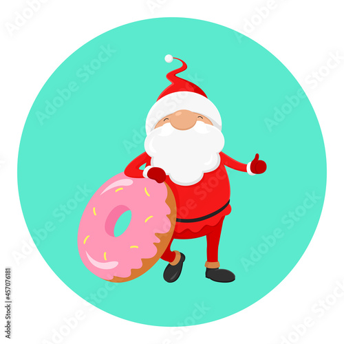 Christmas avatar. Santa with donut showing thumbs up. Vector illustration.