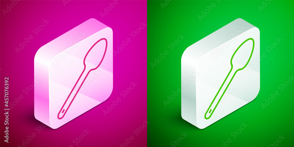 Isometric line Teaspoon icon isolated on pink and green background. Cooking utensil. Cutlery sign. Silver square button. Vector Isometric line Teaspoon icon isolated on pink and green background. Cooking utensil. Cutlery sign. Silver square button. Vector