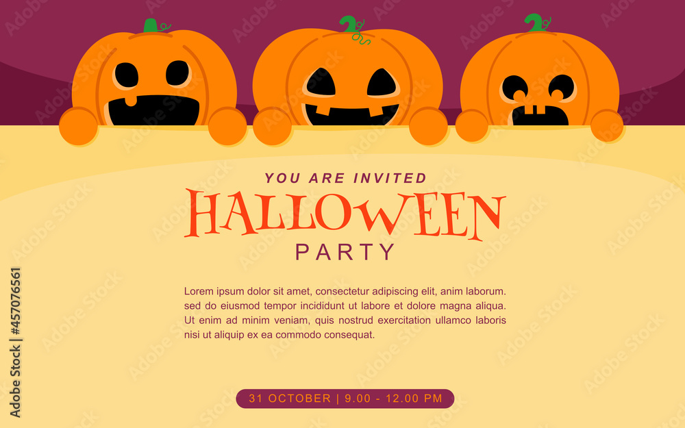 October holiday event invitation design layout. Halloween pumpkins hold the board for text. 2D vector illustration card or poster. Flat design orange cute and funny pumpkins.