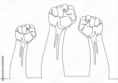 fists hands up vector illustration. Concept of unity, revolution, fight, cooperation. Flat outline design.Continuous one line