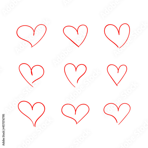 Vector Hand Drawn Hearts Set, Doodle Drawings Love Symbols, Isolated on White Background Red Outline Illustration, Line Drawing.