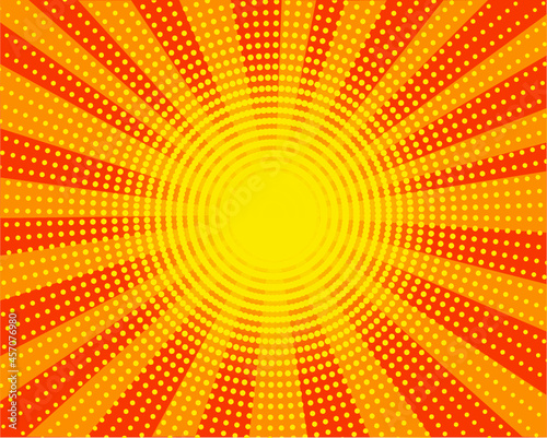 Orange comic background. Bright sun rays with yellow dots