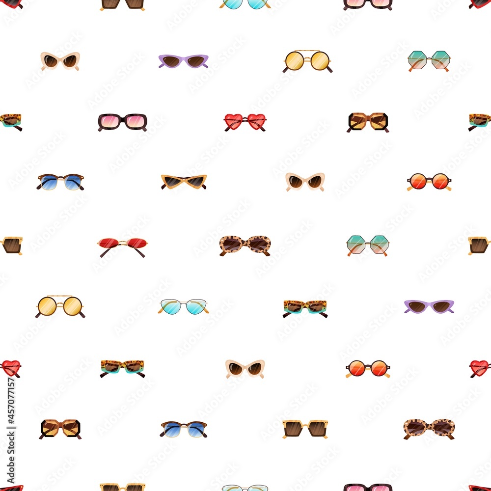 Fototapeta premium Seamless pattern with modern and retro sunglasses on white background. Repeating backdrop with rows of fashion women sun glasses. Endless texture with stylish trendy eyewear. Flat vector illustration