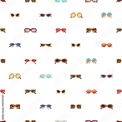 Seamless pattern with modern and retro sunglasses on white background. Repeating backdrop with rows of fashion women sun glasses. Endless texture with stylish trendy eyewear. Flat vector illustration