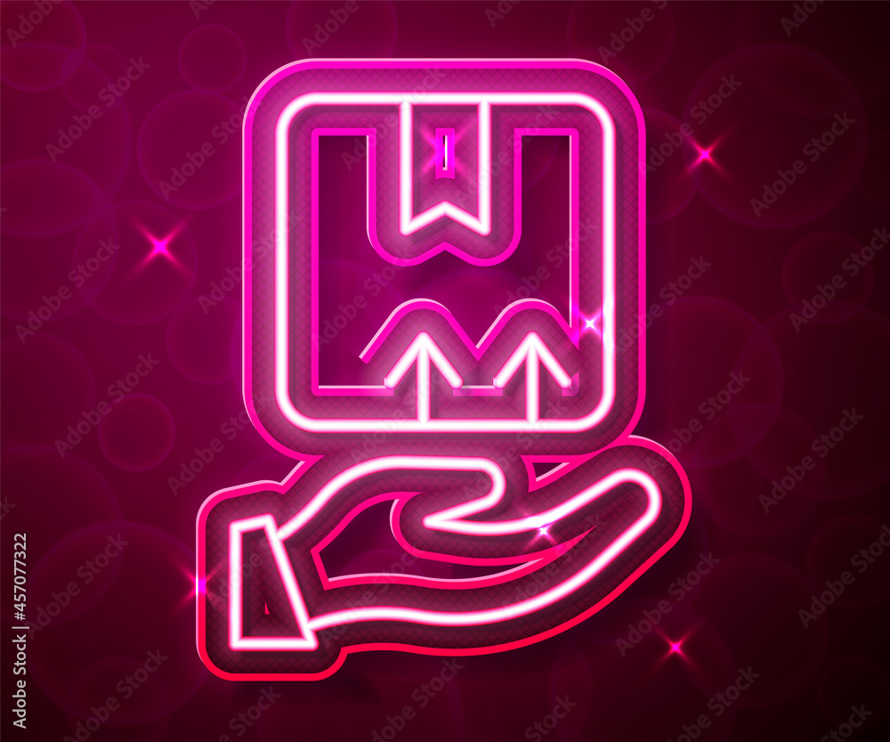 Glowing neon line Delivery hand with cardboard boxes icon isolated on red background. Door to door delivery by courier. Vector Glowing neon line Delivery hand with cardboard boxes icon isolated on red background. Door to door delivery by courier. Vector