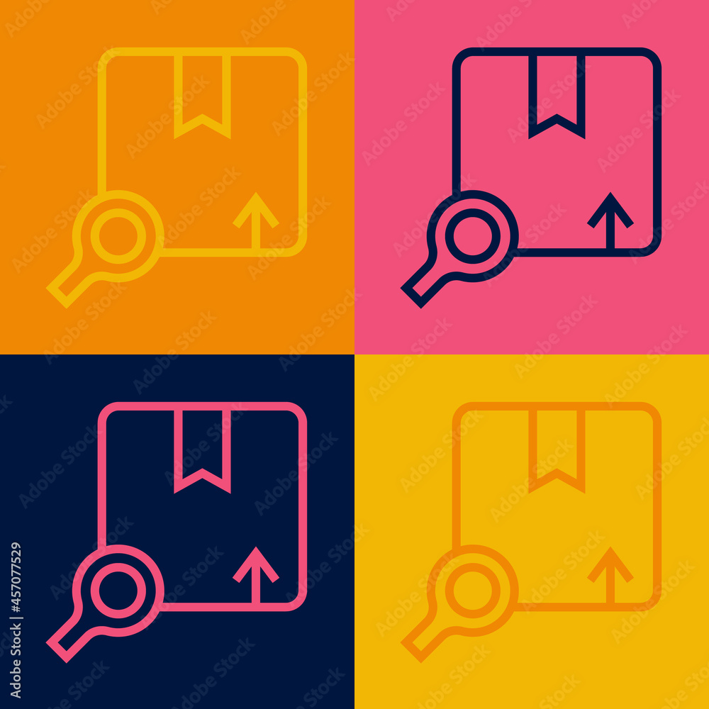 Pop art line Search package icon isolated on color background. Parcel tracking symbol. Magnifying glass and cardboard box. Logistic and delivery. Vector Pop art line Search package icon isolated on color background. Parcel tracking symbol. Magnifying glass and cardboard box. Logistic and delivery. Vector