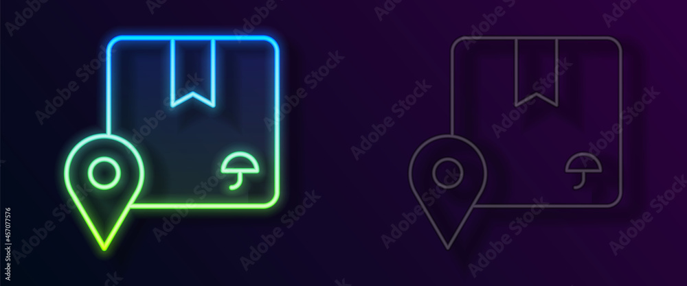 Glowing neon line Location with cardboard box icon isolated on black background. Delivery services, logistic and transportation, distribution. Vector Glowing neon line Location with cardboard box icon isolated on black background. Delivery services, logistic and transportation, distribution. Vector
