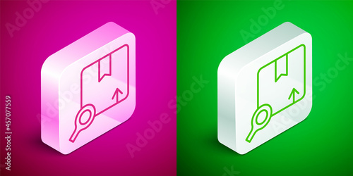 Isometric line Search package icon isolated on pink and green background. Parcel tracking symbol. Magnifying glass and cardboard box. Logistic and delivery. Silver square button. Vector