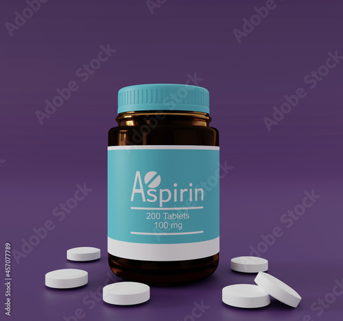 Aspirin medicine bottle with white round pills on flat surface. 3D rendering illustration.  photo