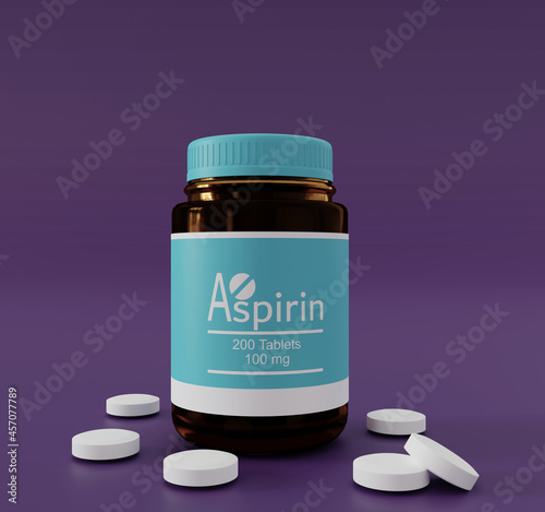 Aspirin medicine bottle with white round pills on flat surface. 3D rendering illustration. 