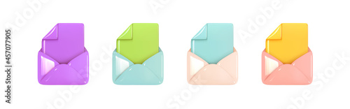 Set of Open Email envelope icon with document. Post mail letter. Multicolored realistic 3d design isolated. Vector illustration