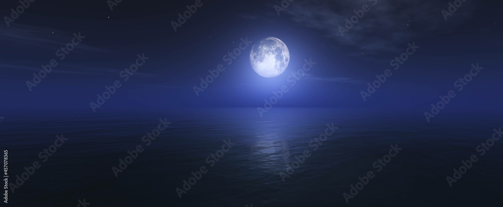 Moon over ocean surface, night seascape with moon, - obrazy, fototapety, plakaty 