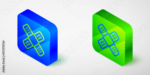 Isometric line Crossed bandage plaster icon isolated grey background. Medical plaster, adhesive bandage, flexible fabric bandage. Blue and green square button. Vector