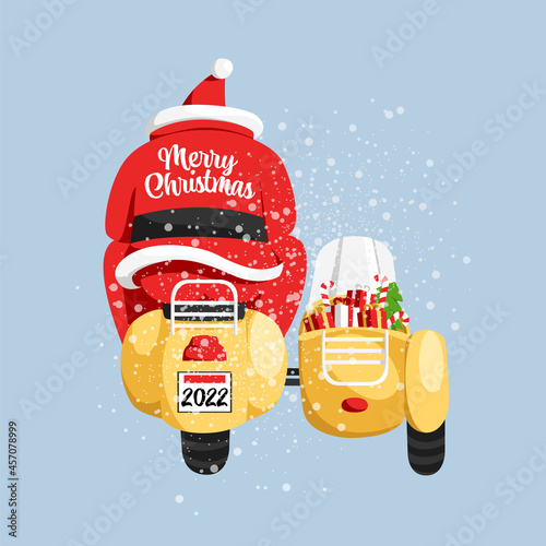 Santa Claus on a scooter. vector Christmas illustration. santa is a rear view. gift bag
