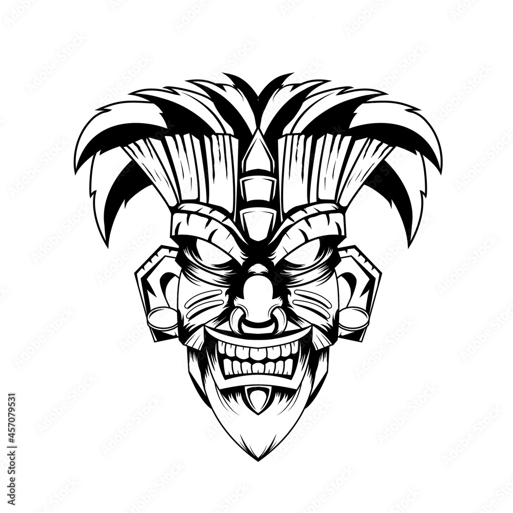 Hand drawn black and white tattoos artwork indian tiki mask vector ...