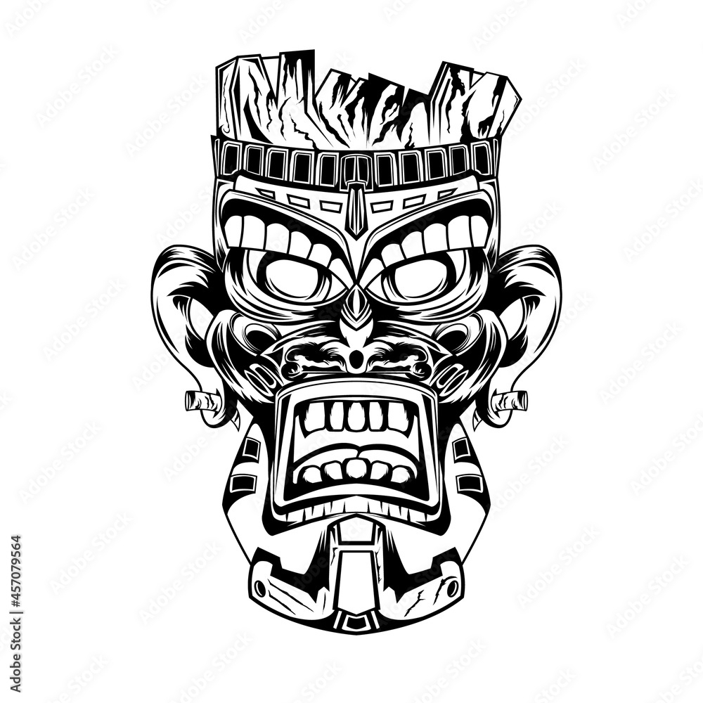 Hand drawn black and white tattoos artwork indian tiki mask vector  Illustration Stock Vector | Adobe Stock