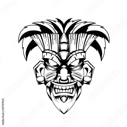 Hand drawn black and white tattoos artwork indian tiki mask vector Illustration