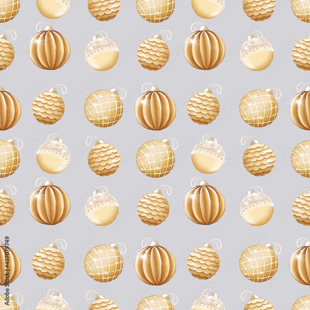 Seamless pattern with golden glass balls. Christmas illustration on warm grey background for wrapping paper, cards, decor. Seamless pattern with golden glass balls. Christmas illustration on warm grey background for wrapping paper, cards, decor.