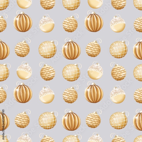 Seamless pattern with golden glass balls. Christmas illustration on warm grey background for wrapping paper, cards, decor.